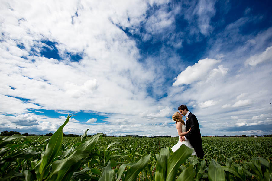 Brautpaar steht in einem Feld aus Mais mit tollem Himmel
